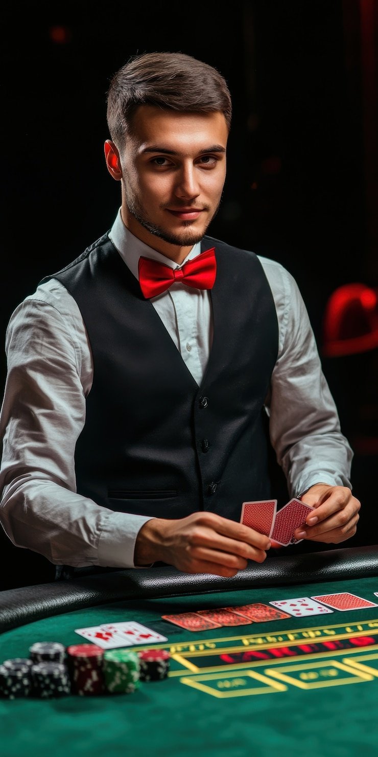 Dealer membagikan kartu Baccarat dengan presisi